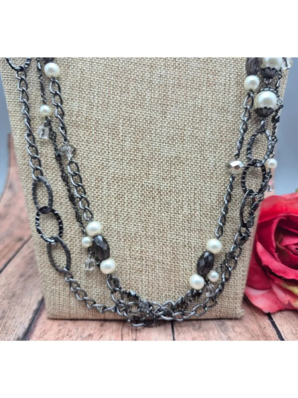 Premier Design Gun Metal Chain Necklace Faux Pearls Hammered Links Multi Strand